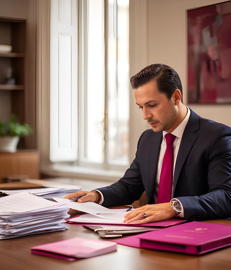 Abogada revisando documentación jurídica junto a una mesa de trabajo en un despacho luminoso de Madrid