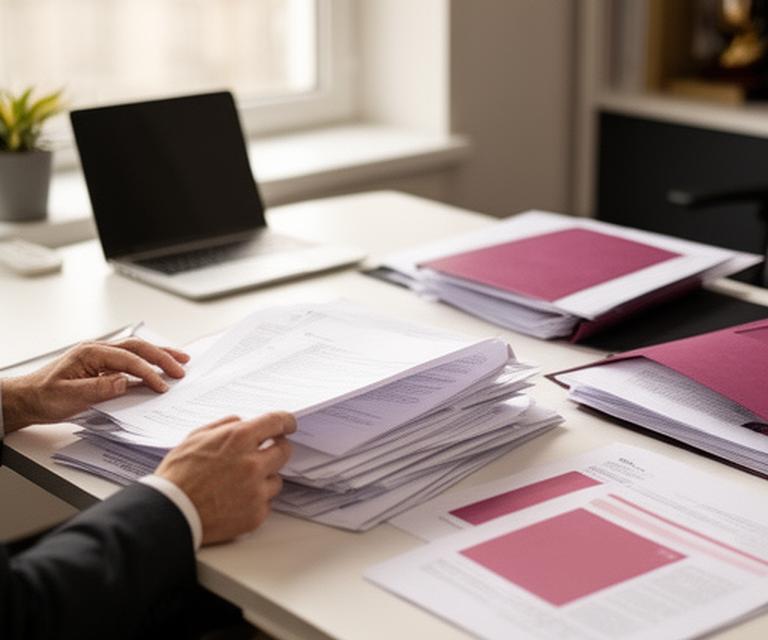 Mesa de trabajo jurídica en una oficina luminosa de Madrid con documentos, portátil y una abogada revisando expedientes